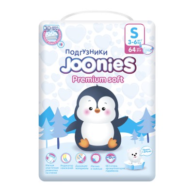 JOONIES Premium Подгузники S64 (3-6кг) 64шт